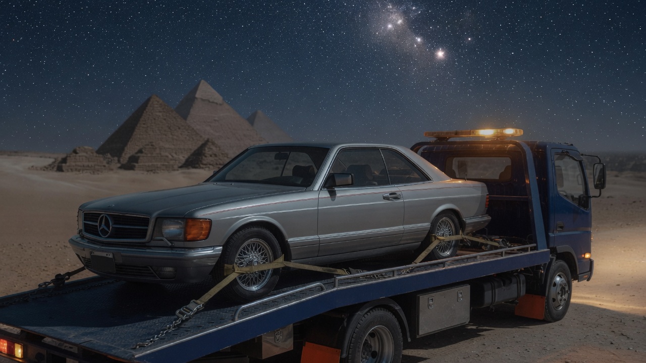 Mercedes Oldtimer auf Abschleppwagen bei Nacht – SchleppStop